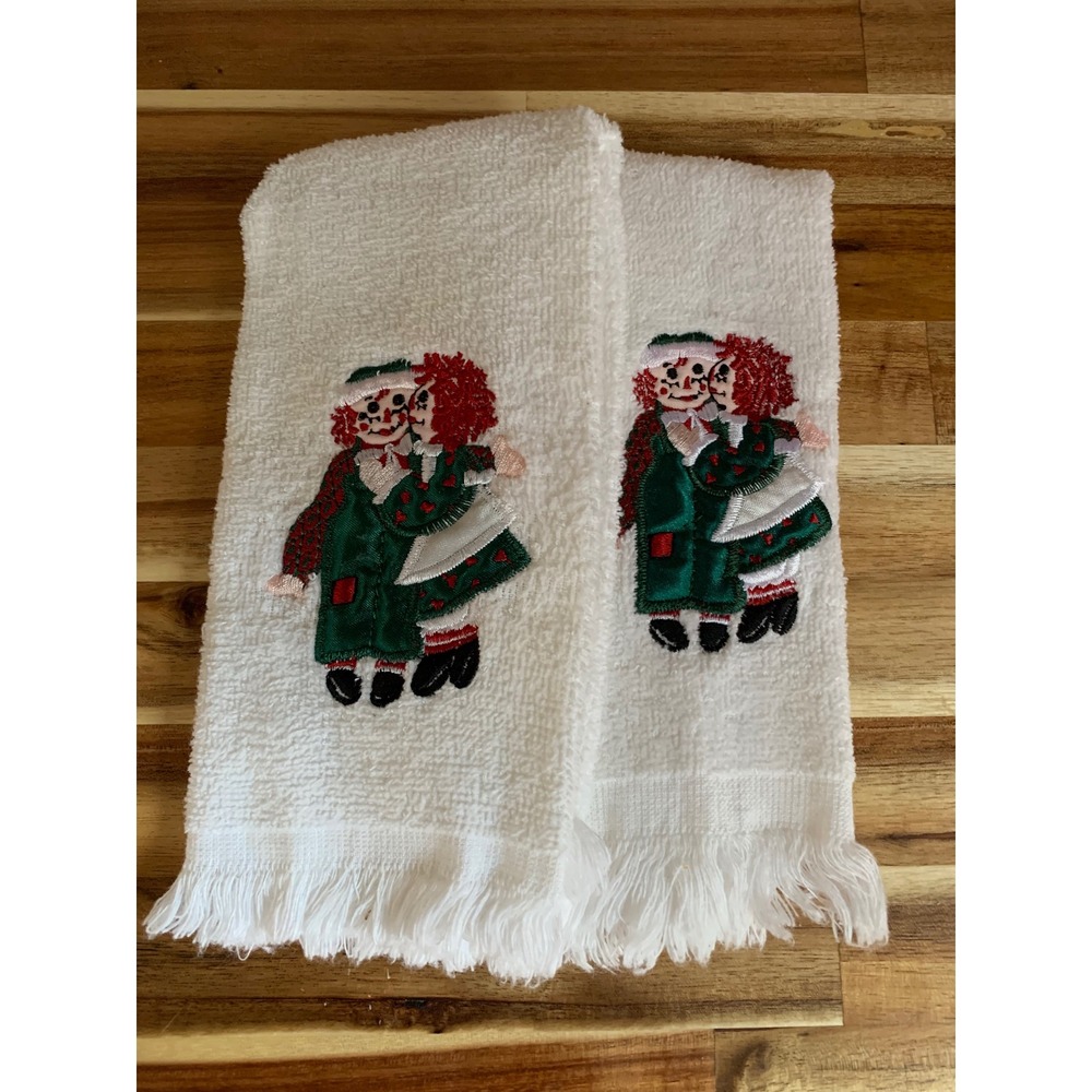 Vintage Raggedy Ann Andy Embroidered Hand Towels White Cotton Retro Y2K 2pc Set